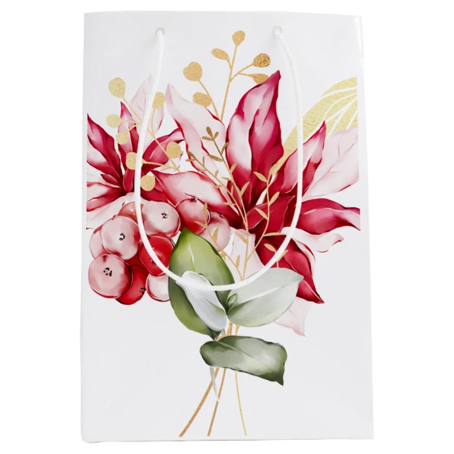 Sac Cadeau Moyen Fête d'hiver poinsettia aquarelle fleurs (Devant)