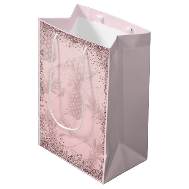 Sac Cadeau Moyen Fête Tropicale Glitter Rose Doré et Rose de l'Anan (Devant Angle)