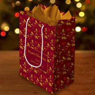 Sac Cadeau Moyen Feuillage à motif de houx et de baies rouges perso