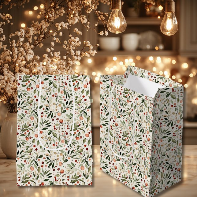 Sac Cadeau Moyen Feuillage de Noël festif Baies rouges (Festive Christmas Greenery Red Berries Medium Gift Bag)