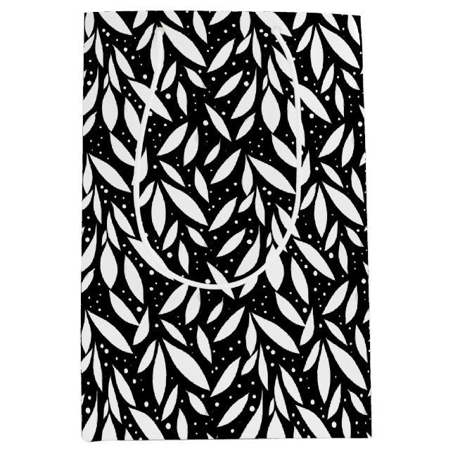 Sac Cadeau Moyen Feuillage Moderne Noir et Blanc (Devant)
