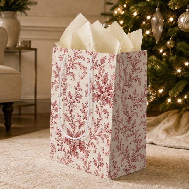 Sac Cadeau Moyen Feuillage rouge élégant de vacances (Elegant red foliage gift bag adds vintage botanical charm to Christmas presents.)