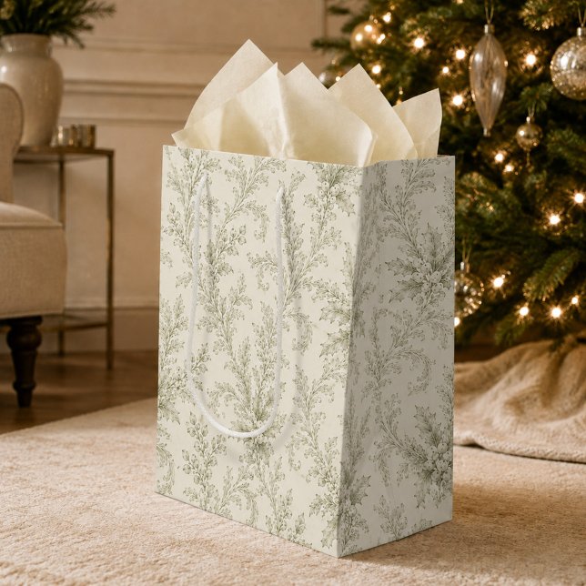 Sac Cadeau Moyen Feuillage Vert Élégant de Fête (Elegant green foliage gift bag adds soft botanical charm to Christmas presents.)