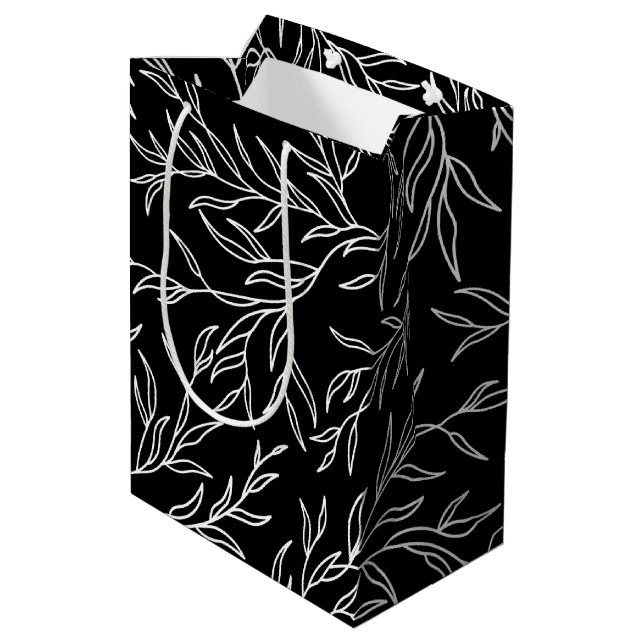Sac Cadeau Moyen Feuille élégant noir et blanc (Dos Angle)