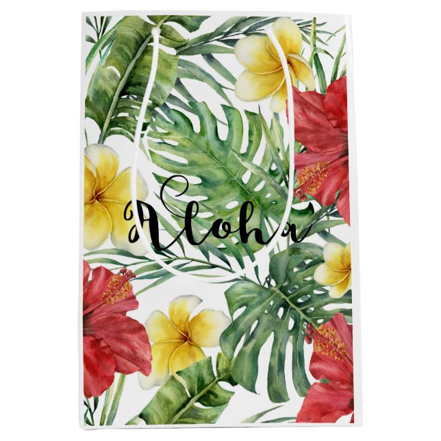 Sac Cadeau Moyen Feuilles botaniques tropicaux et fleurs Floral Alo (Devant)