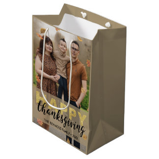 Sac Cadeau Moyen Feuilles chaudes Or Script Bonne Action de grâce |