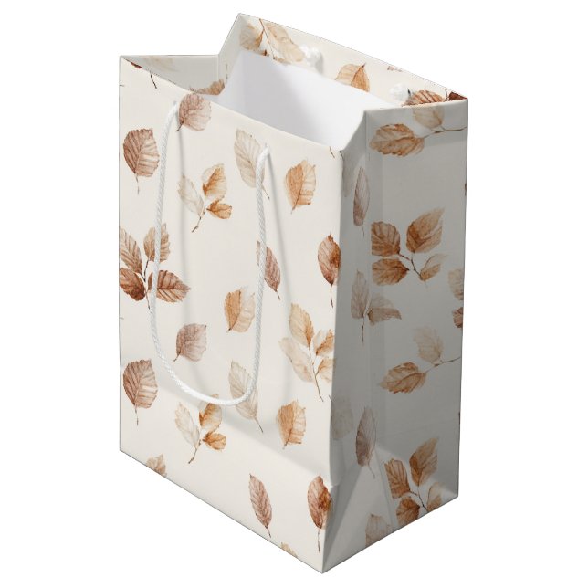 Sac Cadeau Moyen Feuilles d'automne Crème Or (Devant Angle)