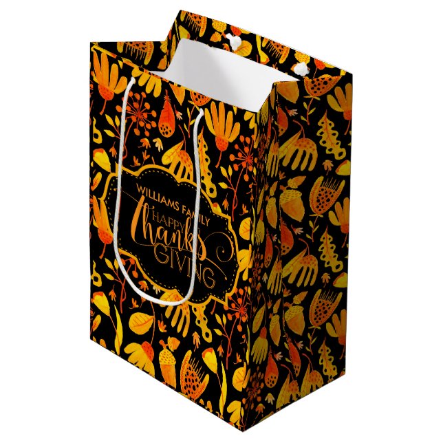 Sac Cadeau Moyen Feuilles de automne bon thanksgiving jaune et oran (Devant Angle)