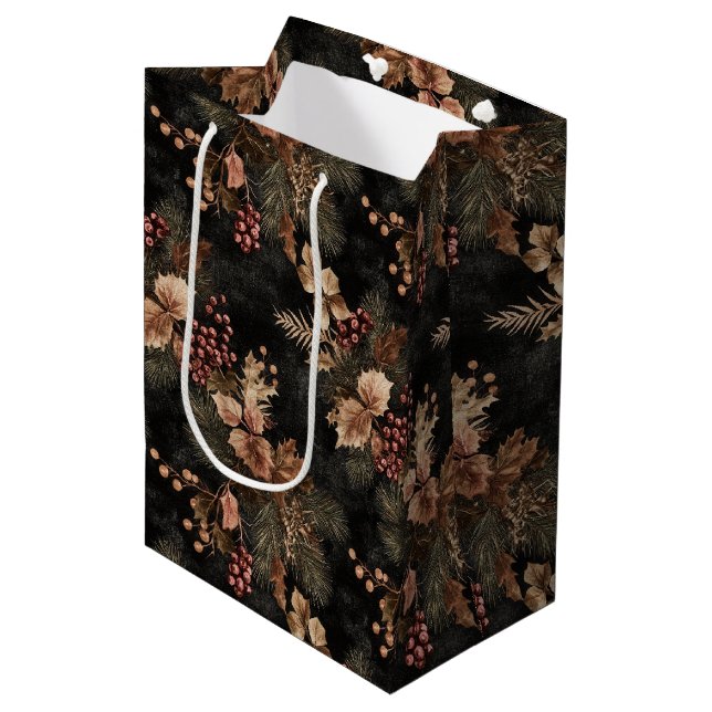 Sac Cadeau Moyen Feuilles de couleur or et floral séché (Devant Angle)