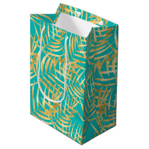 Sac Cadeau Moyen Feuilles Gold Palm sur Turquoise