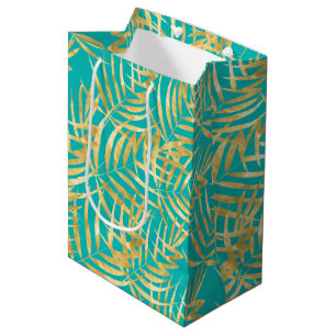 Sac Cadeau Moyen Feuilles Gold Palm sur Turquoise