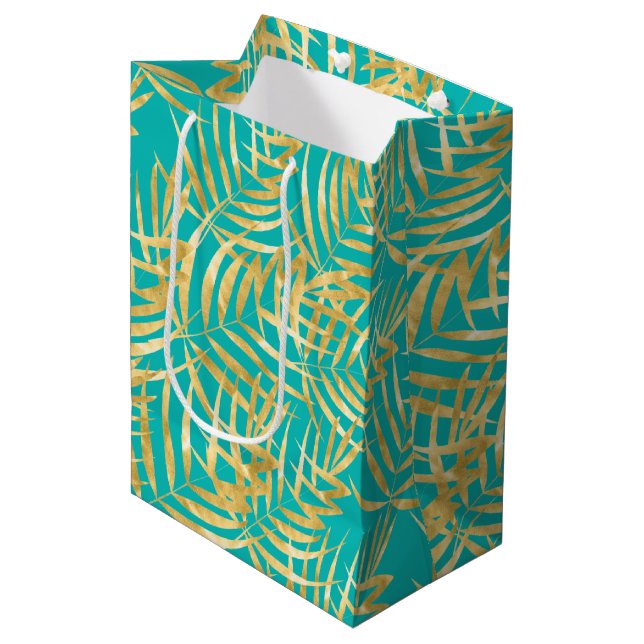 Sac Cadeau Moyen Feuilles Gold Palm sur Turquoise (Devant Angle)