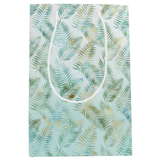 Sac Cadeau Moyen Feuilles tropicaux Gold Aqua Green (Devant)
