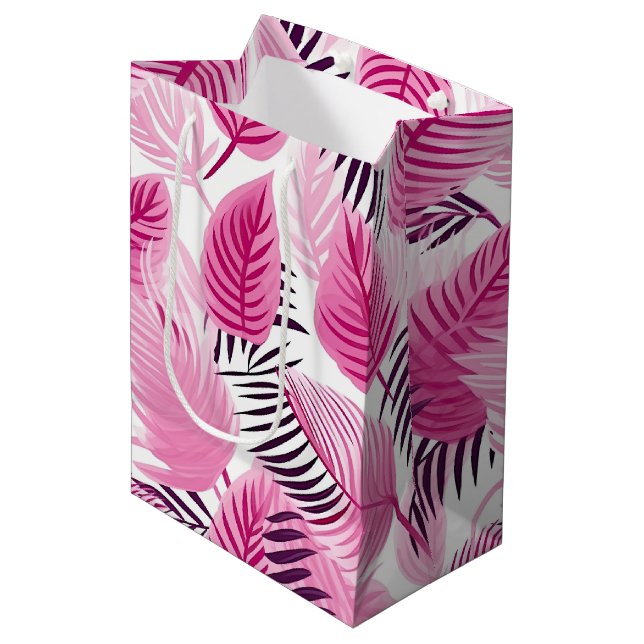 Sac Cadeau Moyen Feuilles tropicaux roses (Devant Angle)