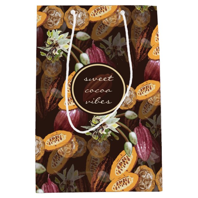 Sac Cadeau Moyen Fèves et fleurs de cacao, Motif de chocolat (Devant)