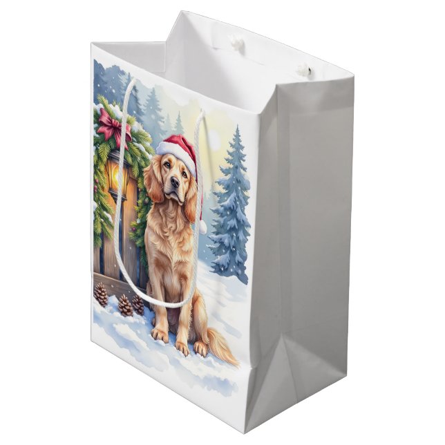 Sac Cadeau Moyen Field Spaniel Snowy Fence Santa Hat Christmas Art (Devant Angle)