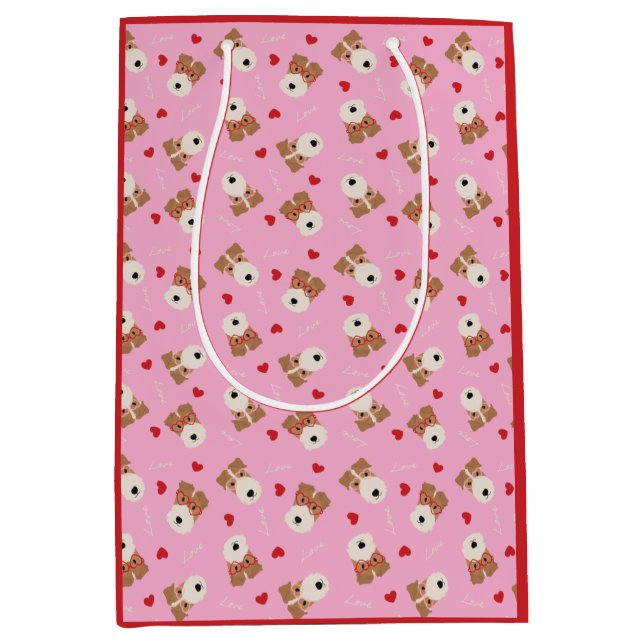 Sac Cadeau Moyen Fil Fox Terrier Chien Lunettes de coeur Motif rose (Devant)