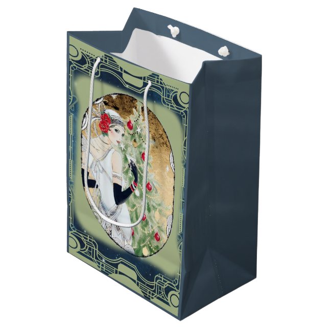 Sac Cadeau Moyen Fille à la mode de Noël avec boisson et arbre (Devant Angle)