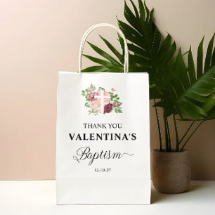 Sac Cadeau Moyen Fille Baptême Florale Rose
