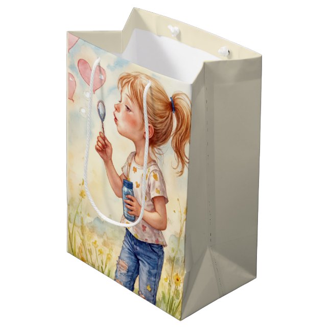 Sac Cadeau Moyen Fille d'anniversaire soufflant des bulles cardiaqu (Devant Angle)