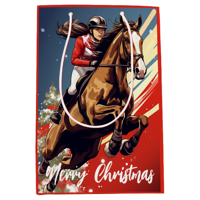 Sac Cadeau Moyen Fille et Cheval Joyeux Noël (Devant)