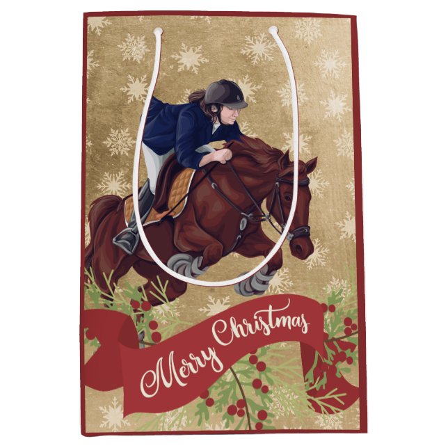 Sac Cadeau Moyen Fille et Cheval Joyeux Noël Golden (Devant)