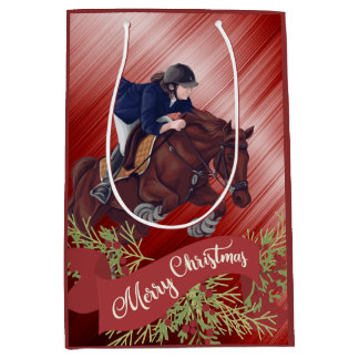 Sac Cadeau Moyen Fille et Cheval Joyeux Noël Rouge