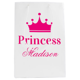 Sac Cadeau Moyen Fille Joli Blanc & Rose Hot Princess Nom de la Cou