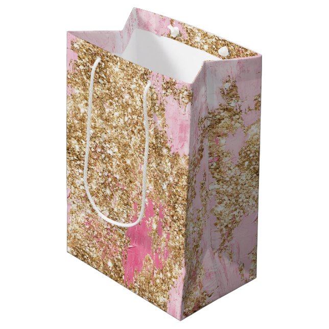 Sac Cadeau Moyen Fille Parties scintillant or rose Anniversaire (Devant Angle)