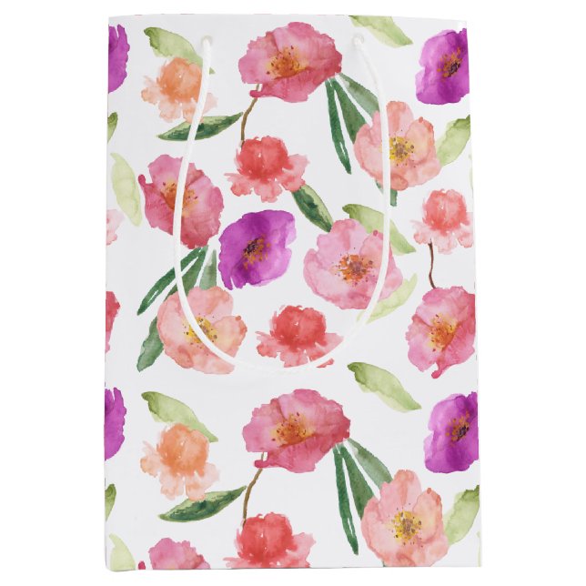 Sac Cadeau Moyen Fille Peach rose violet aquarelle Florale (Devant)