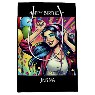 Sac Cadeau Moyen Fille Pop Art avec écouteurs Anniversaire Personna