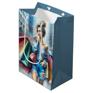 Sac Cadeau Moyen Fille qui fête son anniversaire faisant du shoppin