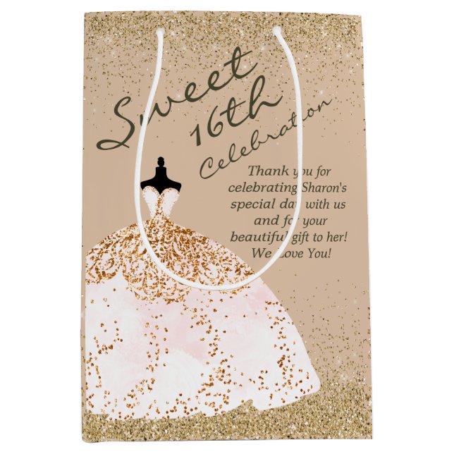 Sac Cadeau Moyen Fille Rose Gold Big Ball Gown Sweet 16e anniversai (Devant)