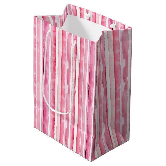 Sac Cadeau Moyen Fille rose rayures blanches (Devant Angle)