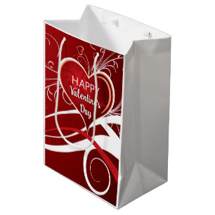 Sac Cadeau Moyen Fille Rouge & Blanc Coeur Abstrait Et Fleurs Flora