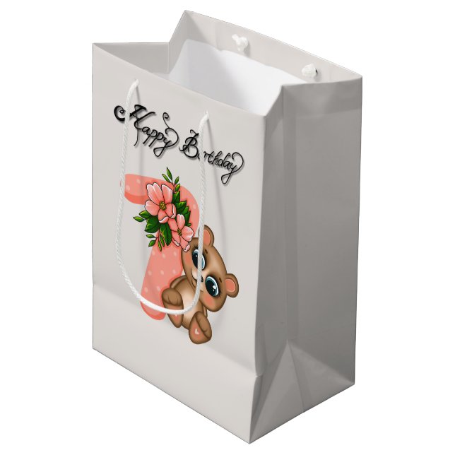 Sac Cadeau Moyen Filles d'ours mignon Anniversaire 7e (Devant Angle)