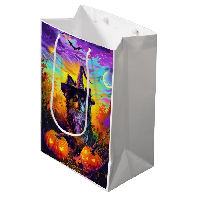 Sac Cadeau Moyen Finlandais Lapphund Chien Halloween sorcière et Ci (Devant Angle)