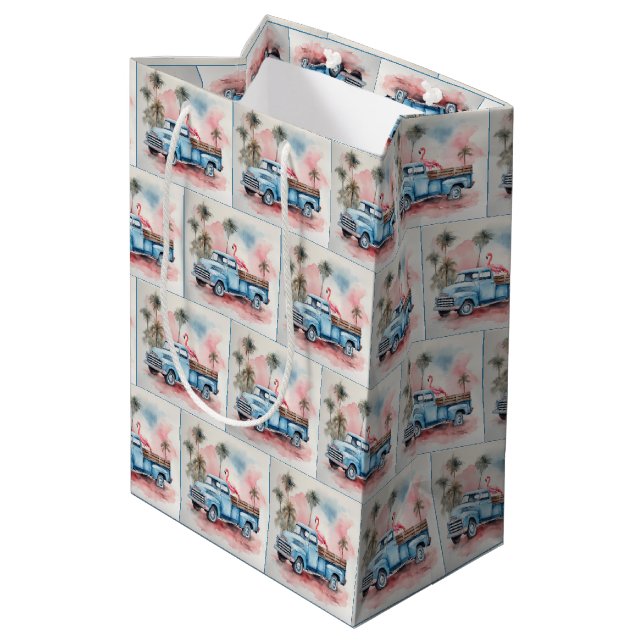 Sac Cadeau Moyen Flamant rose Aquarelle En Camion Blue Retro (Dos Angle)