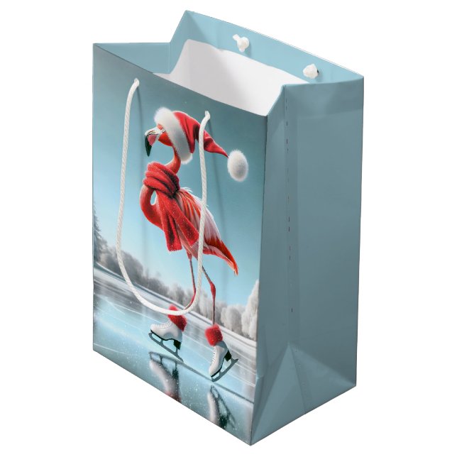 Sac Cadeau Moyen Flamant rose de Noël Patinage sur glace (Devant Angle)