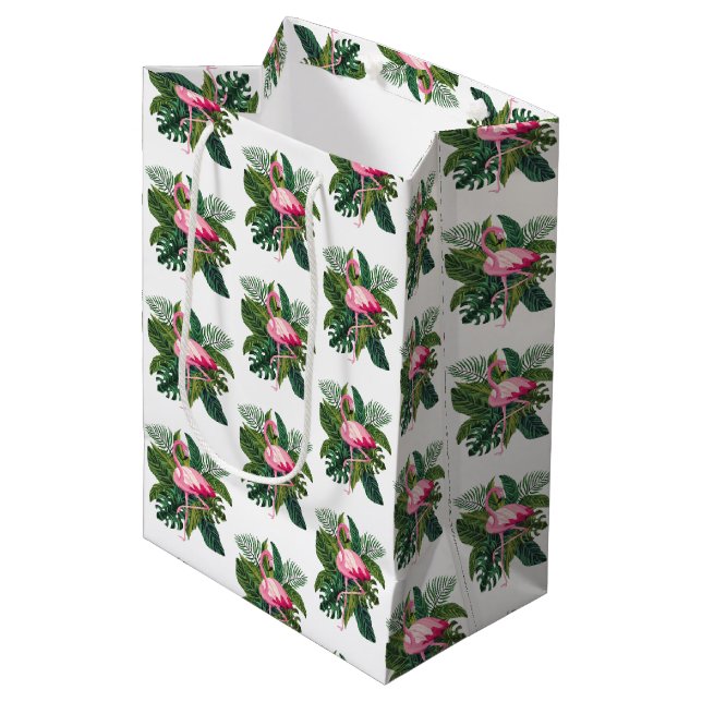 Sac Cadeau Moyen Flamant rose en Feuille tropical Motif botanique (Devant Angle)