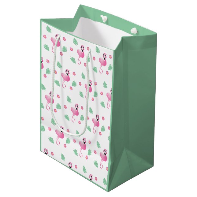 Sac Cadeau Moyen Flamant rose mignon Fleurs tropicales Motif feuill (Devant Angle)