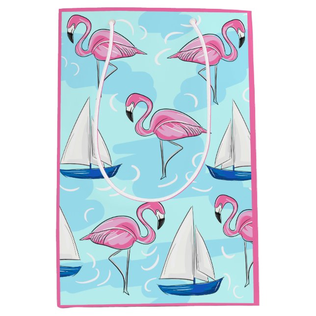 Sac Cadeau Moyen Flamant rose rose Blue Voilier Preppy (Devant)