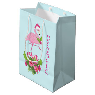 Sac Cadeau Moyen Flamant rose rose en Santa Hat avec Sucre de canne