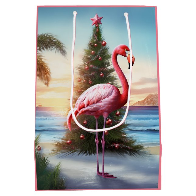 Sac Cadeau Moyen Flamant rose rose et sapin de Noël Plage tropicale (Dos)