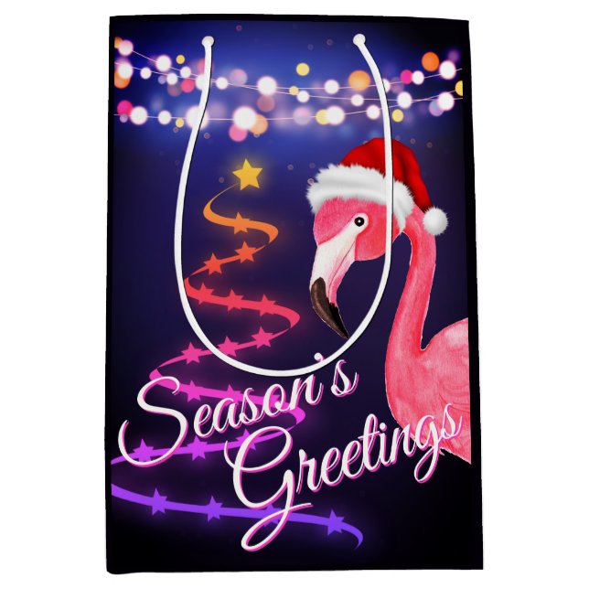 Sac Cadeau Moyen Flamant rose rose Festive Tropical Beach Noël (Devant)