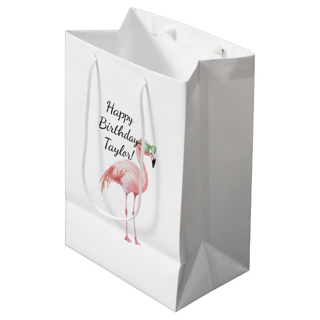 Sac Cadeau Moyen Flamant rose rose vert Anniversaire (Devant Angle)