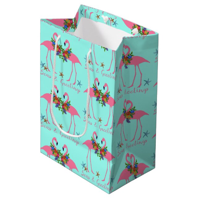Sac Cadeau Moyen Flamants roses de mer et de voeux Turquoise Noël (Devant Angle)