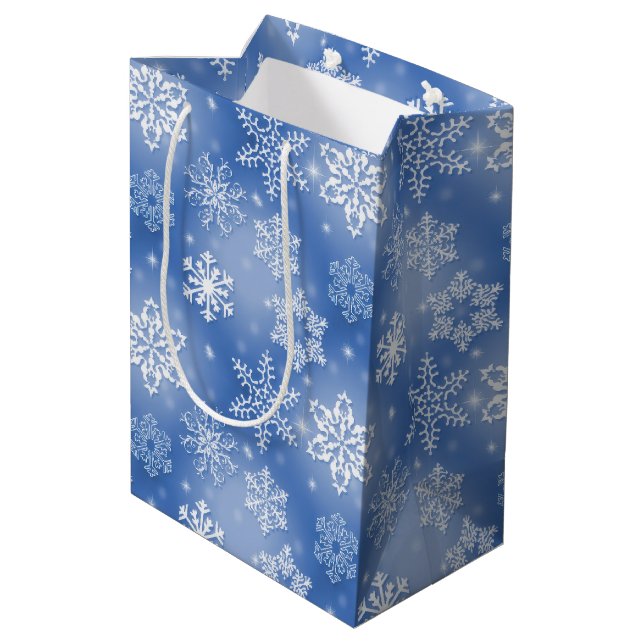 Sac Cadeau Moyen Flammes De Neige D'Hiver Sur Bleu (Dos Angle)