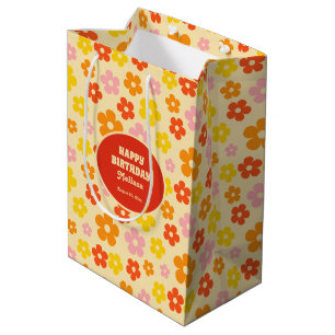 Sac Cadeau Moyen Fleur Boho Orange Retro coloré Joyeux anniversaire