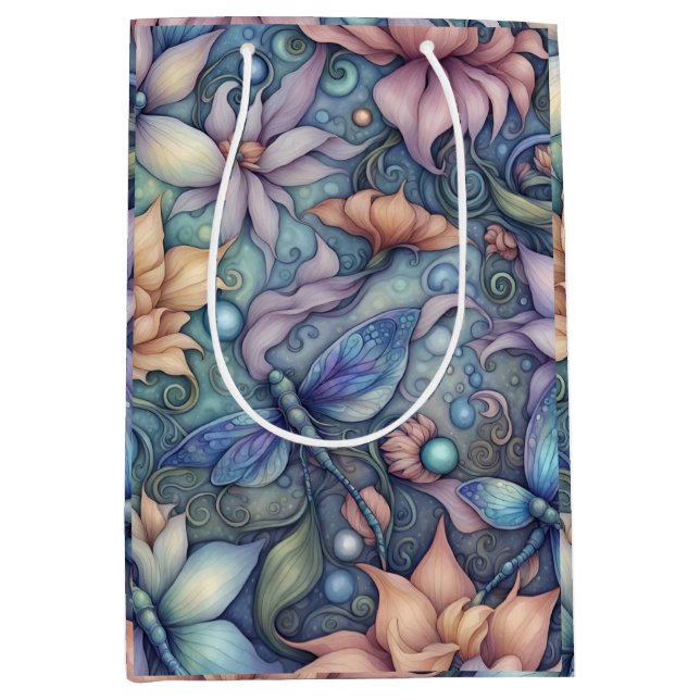 Sac Cadeau Moyen Fleur Damassé Bleu Or (Devant)